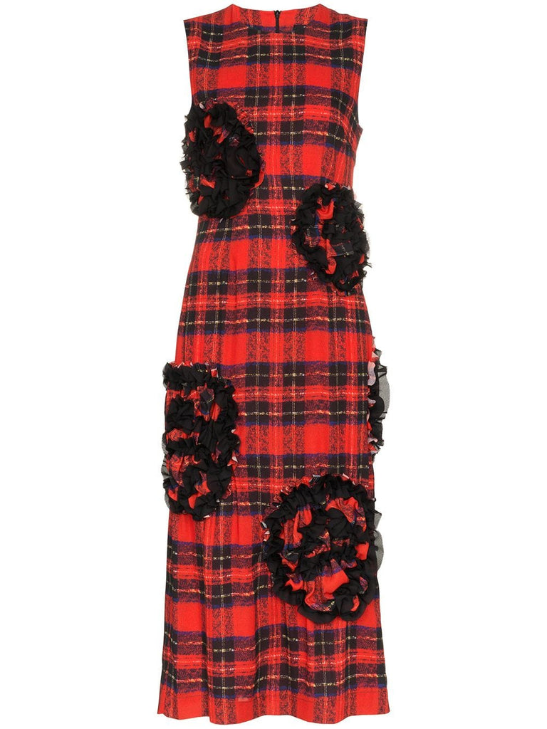 rose embroidered tartan midi dress