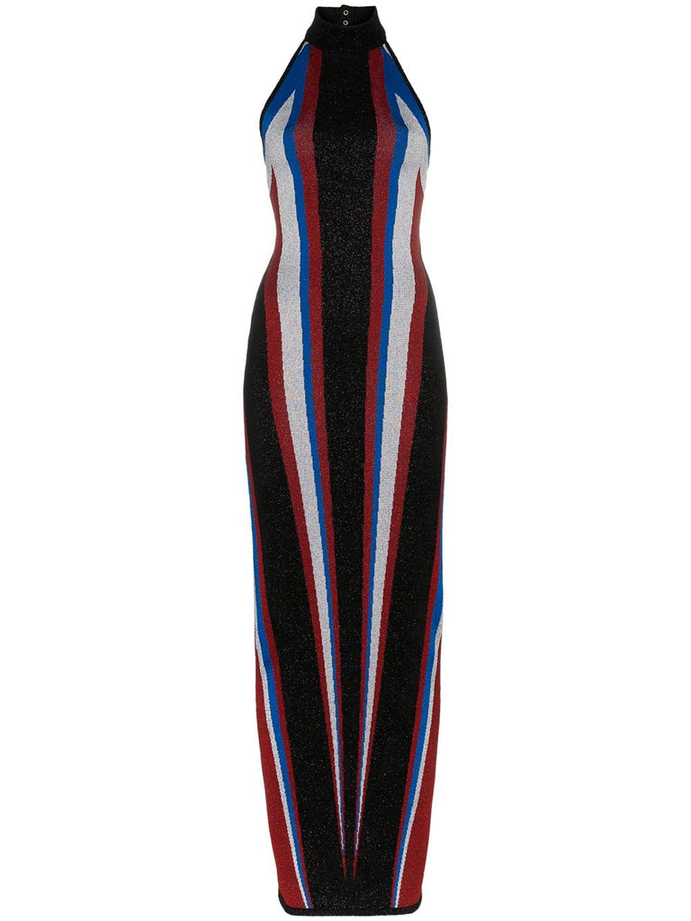 halterneck stripe fitted maxi dress