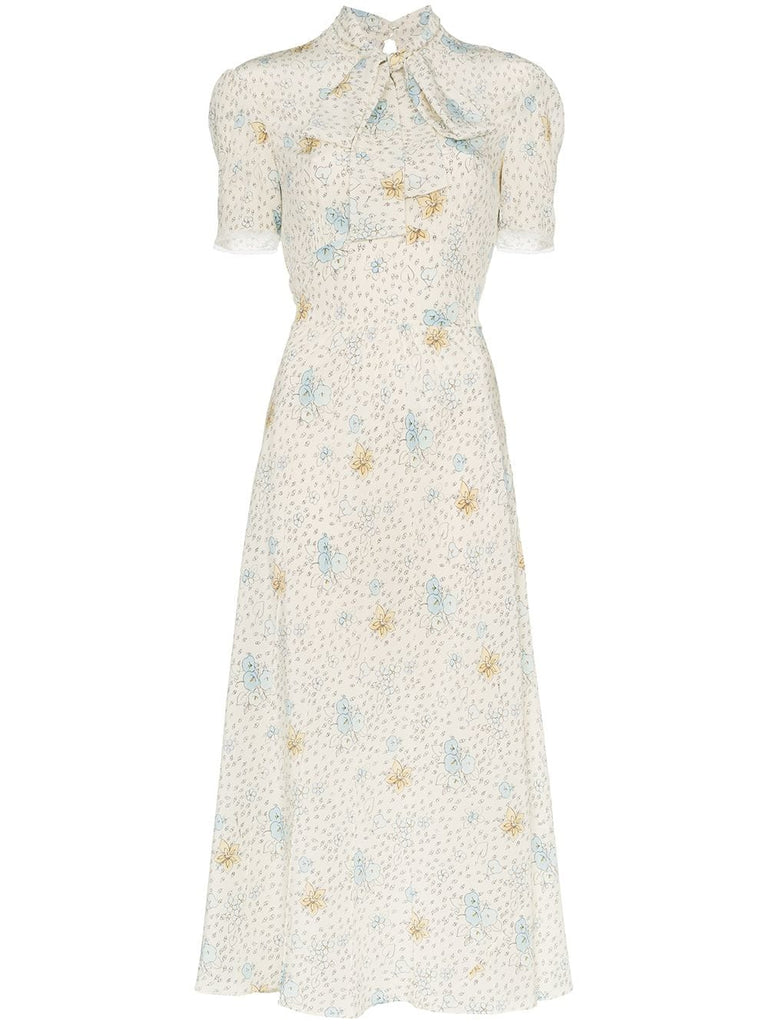 silk printed pussybow midi dress