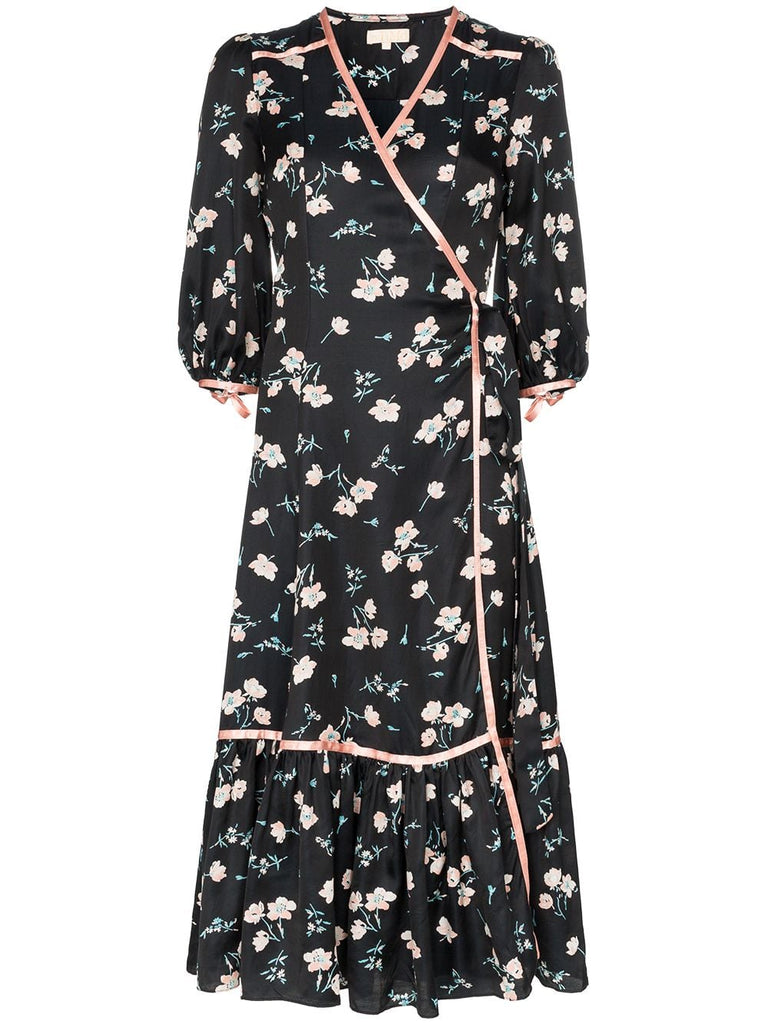 floral print contrast trim wrap dress