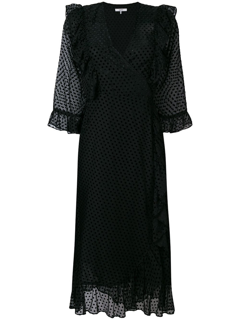 polka dot ruffled wrap dress