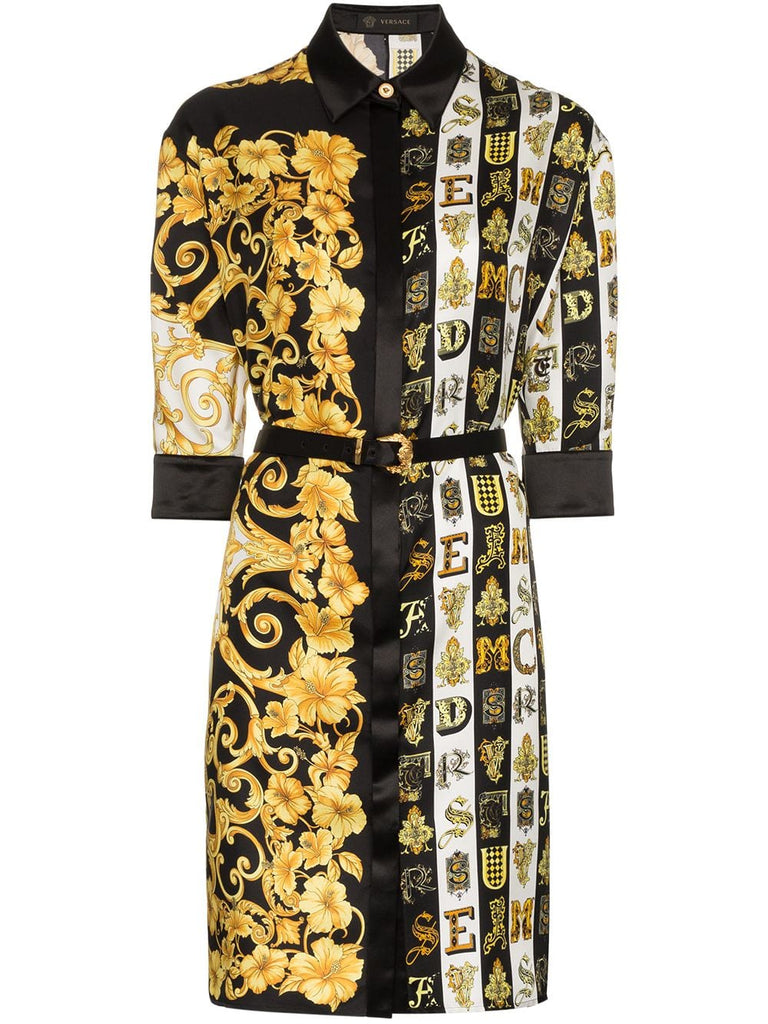 Baroque print belted silk shirt dress