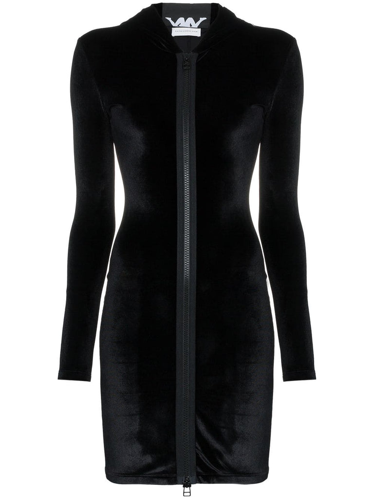 Stretch velvet hooded mini-dress