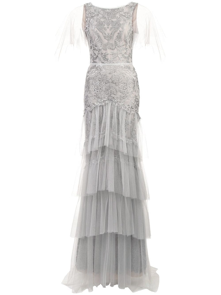 flutter sleeve metallic embroidered gown