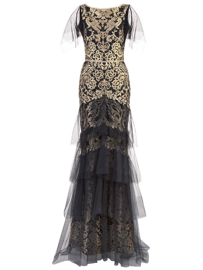 flutter sleeve metallic embroidered gown