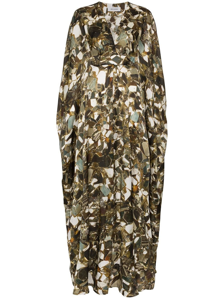 Printed Crystal Pyrite Silk Kaftan Maxi Dress