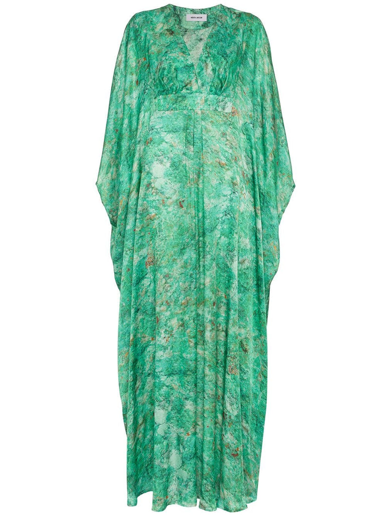 Green Chrysocolla Printed Silk Kaftan Maxi Dress