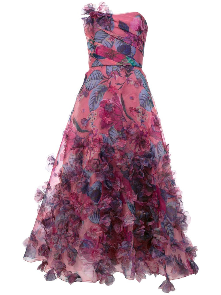 floral print strapless ball gown