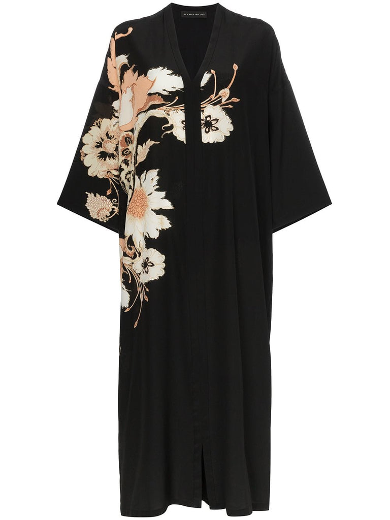 V-neck floral print silk kaftan dress