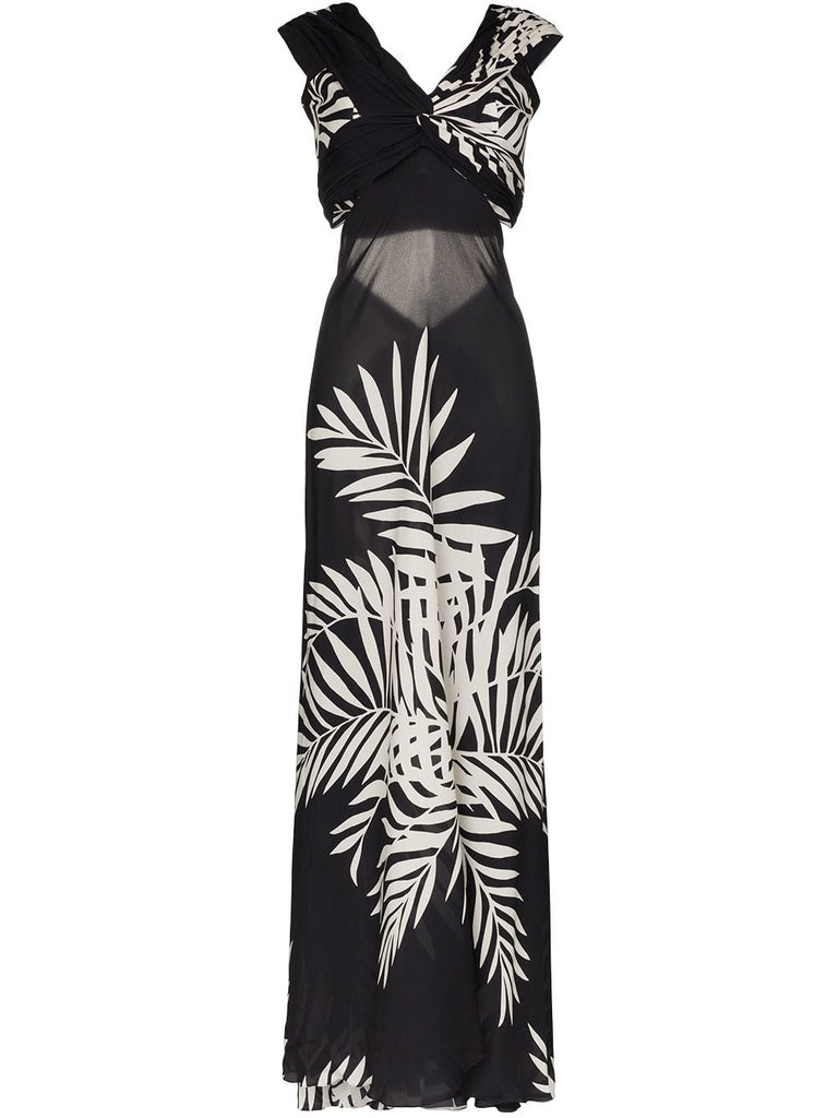 Negra V neck palm print silk gown