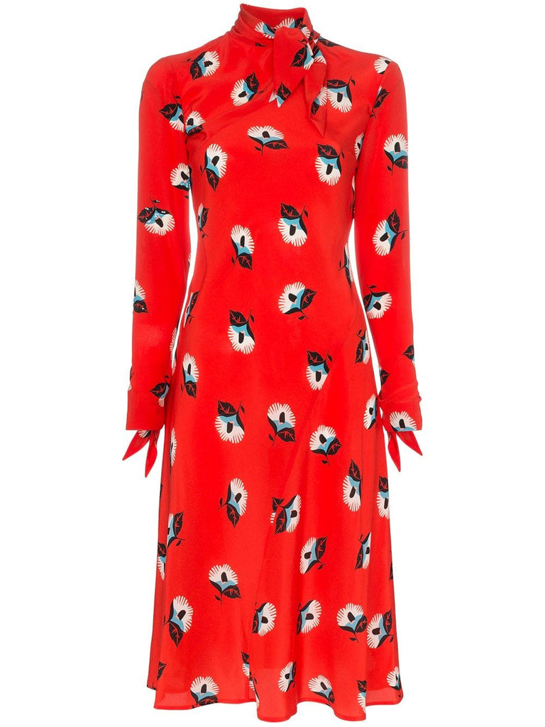 floral print tie neck silk dress