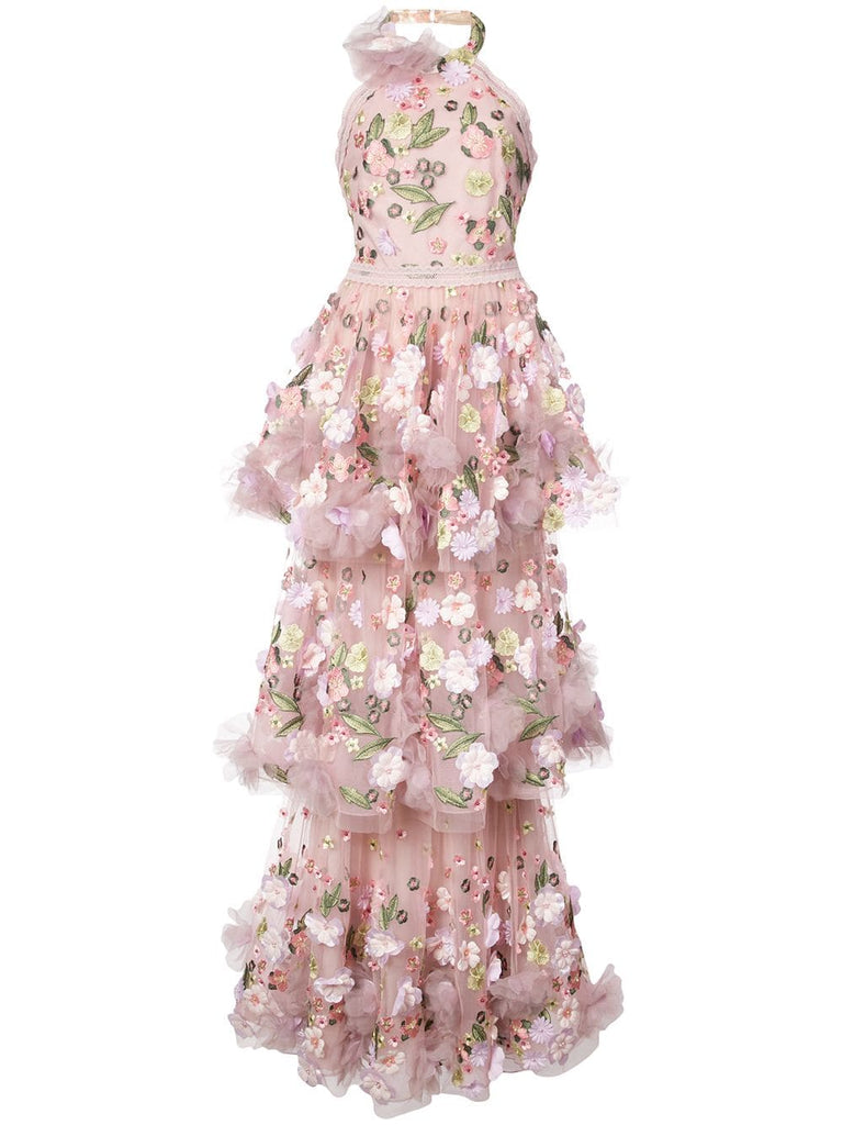 floral-appliquéd tiered ruffled gown