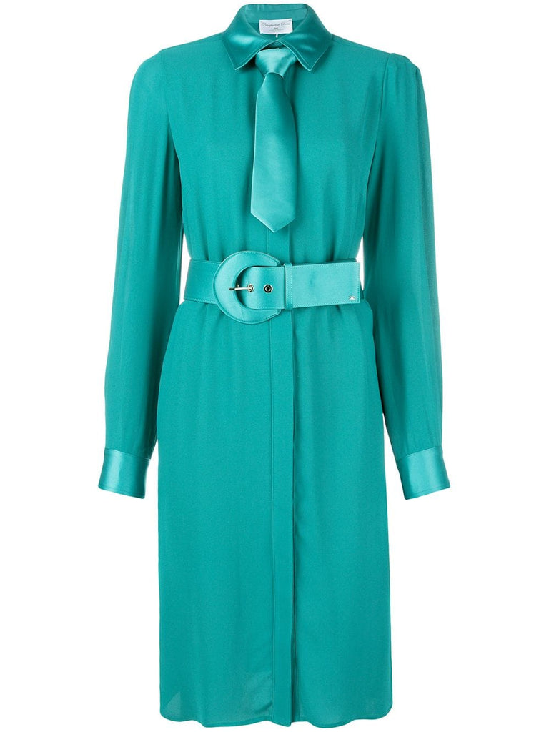 belted long-sleeve midi dress