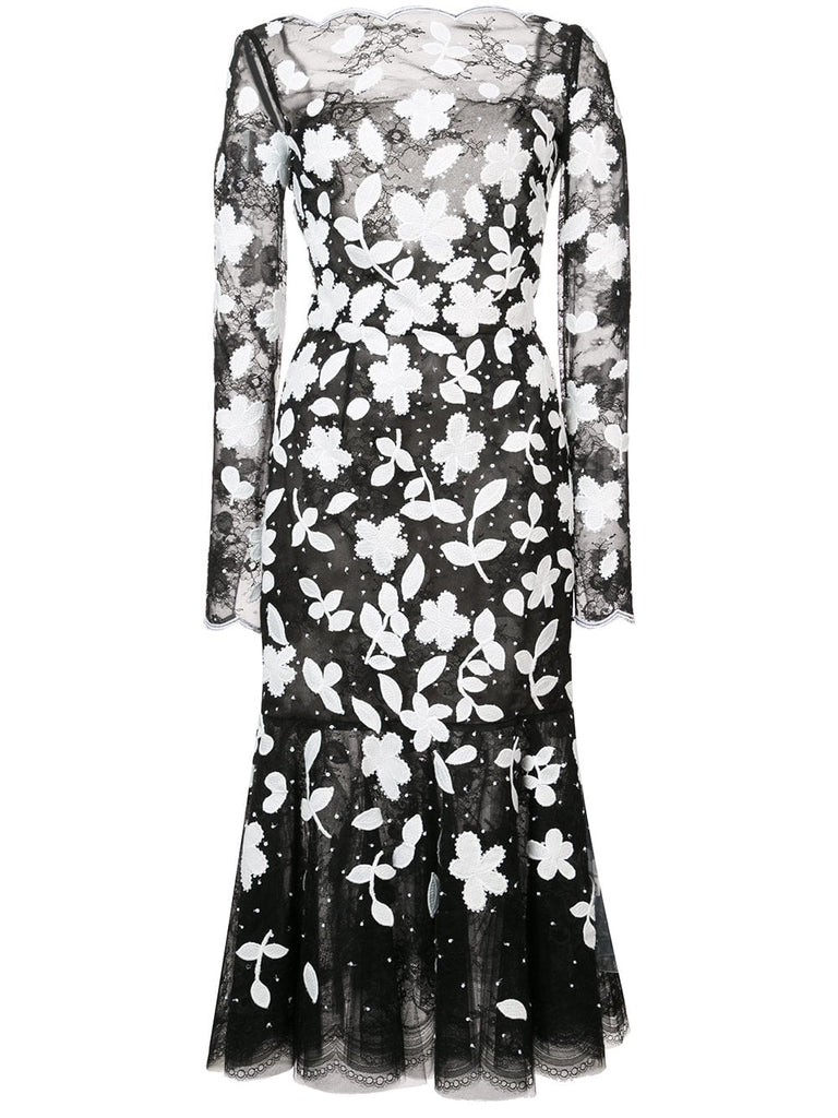 floral-appliquéd fluted midi dress