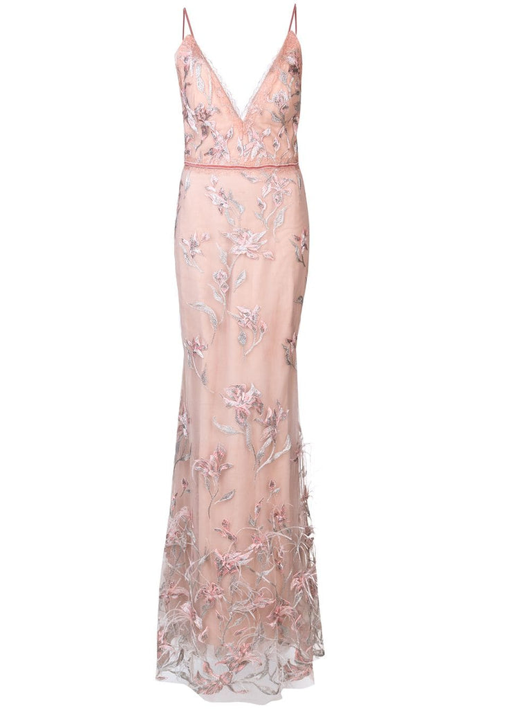 feather embroidered sleeveless gown