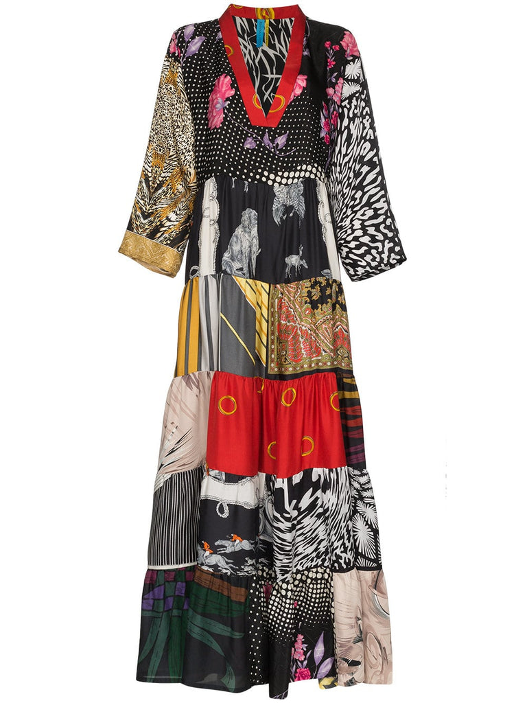 multi horse floral print V-neck silk kaftan dress