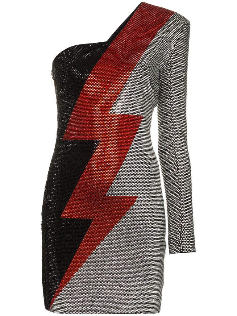 Asymmetrical rhinestone lightning bolt print dress