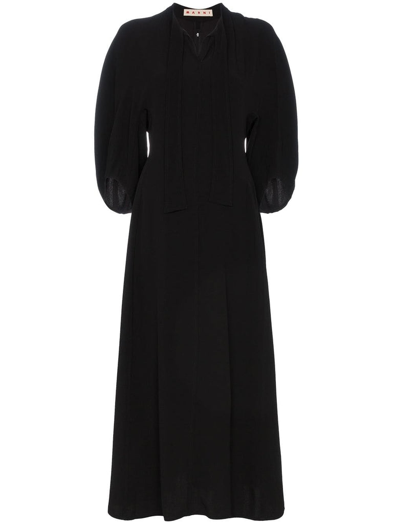 tie neck bell sleeve crepe dress