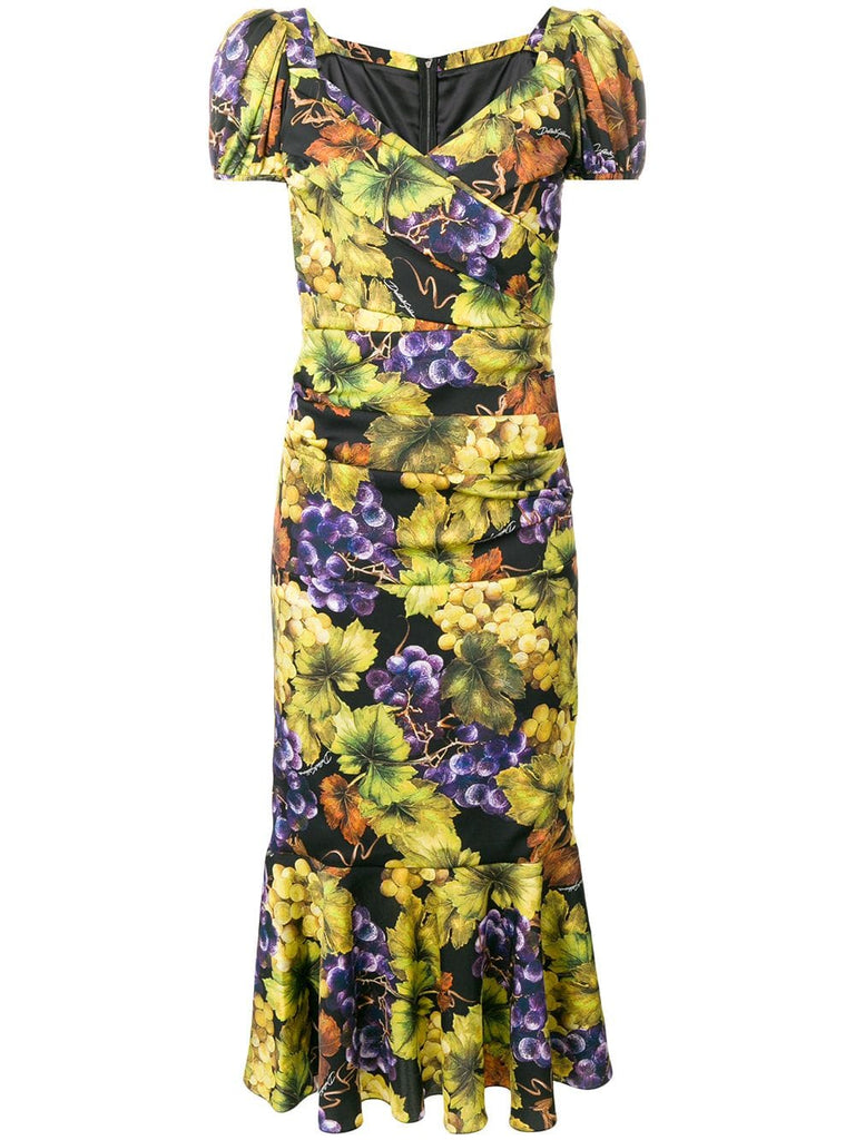 grape-print fluted midi dress