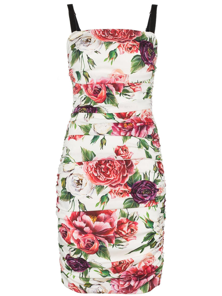 sleeveless peony print cotton gathered dress