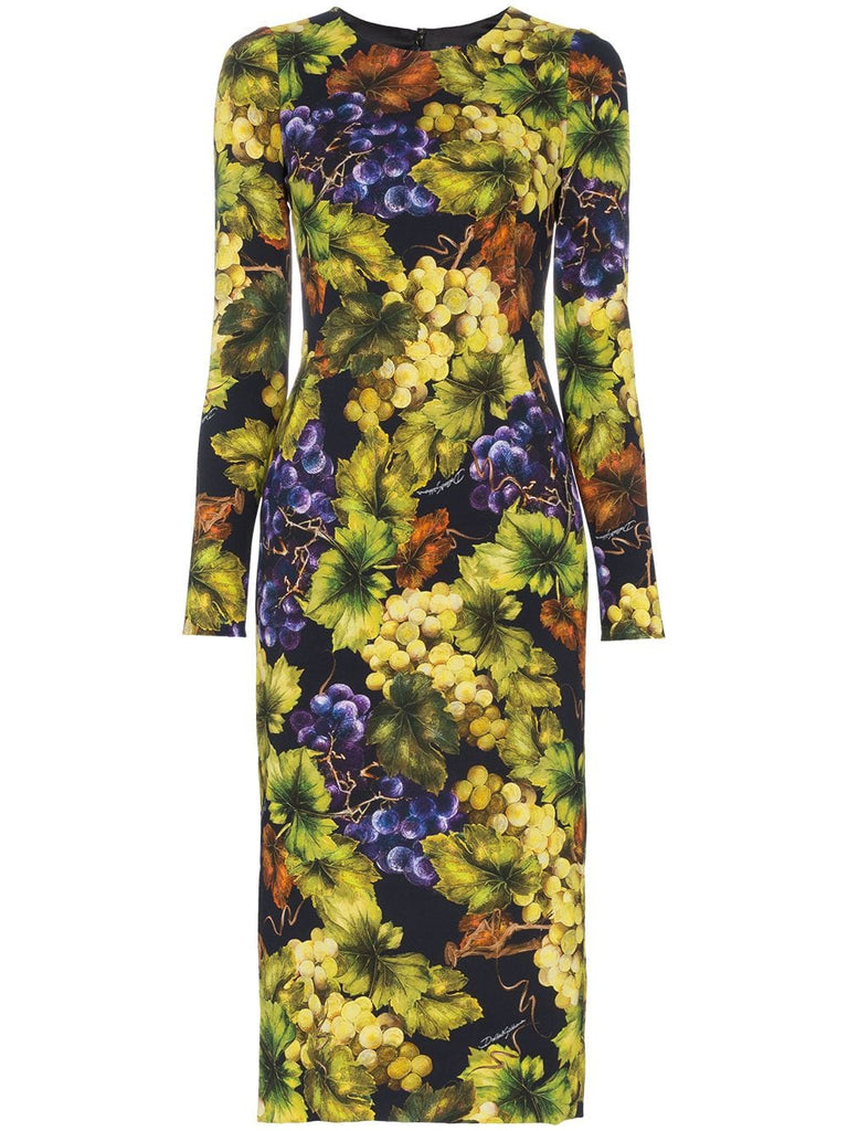 Grape and Floral Print Midi-Dress