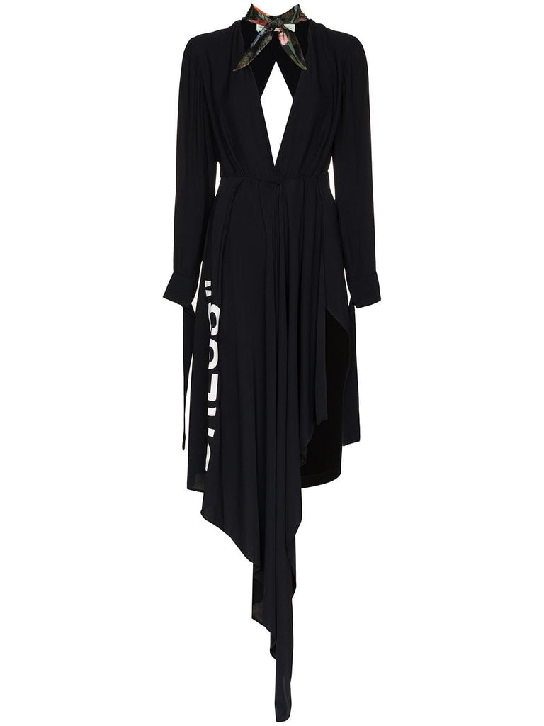 Deep V-neck asymmetric scarf dress