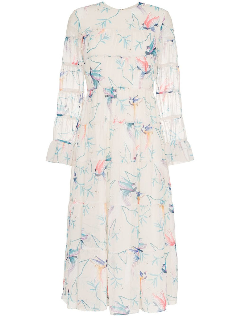 Viola bird printed flared cuff dress