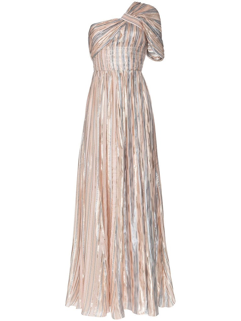 striped one-shoulder lamé gown