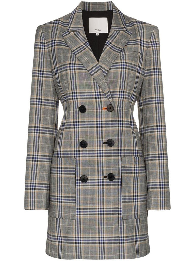 double breasted check print wool blend blazer dress