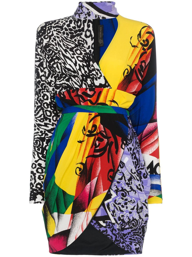 multi print high neck silk wrap dress