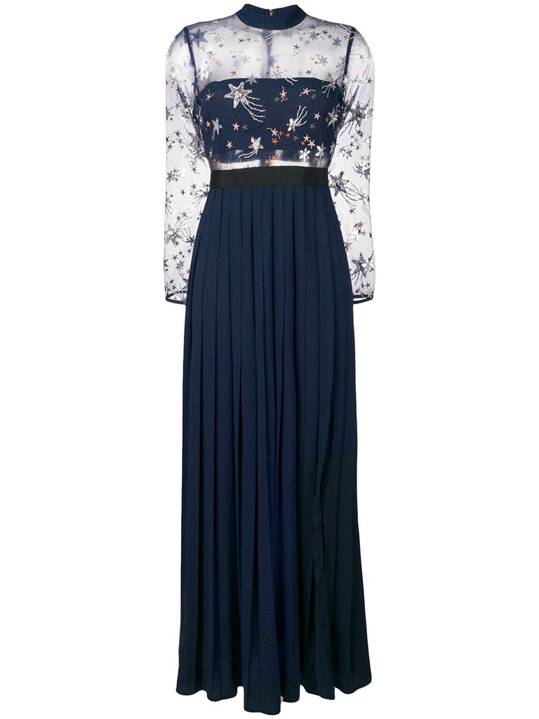 star embroidered pleated gown