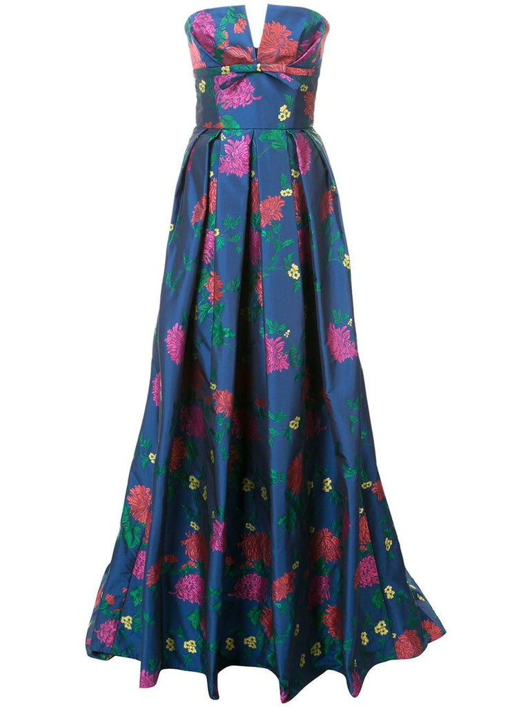 strapless floral evening gown