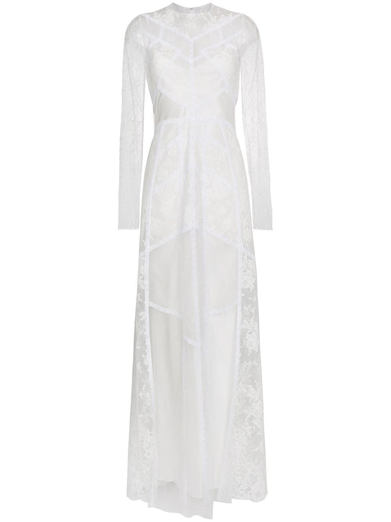 high neck fitted sheer panelled lace gown