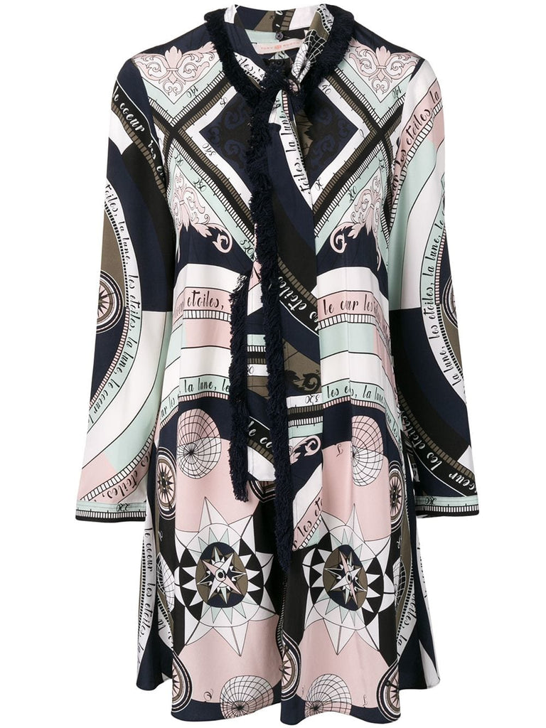 printed fringe shirt dress