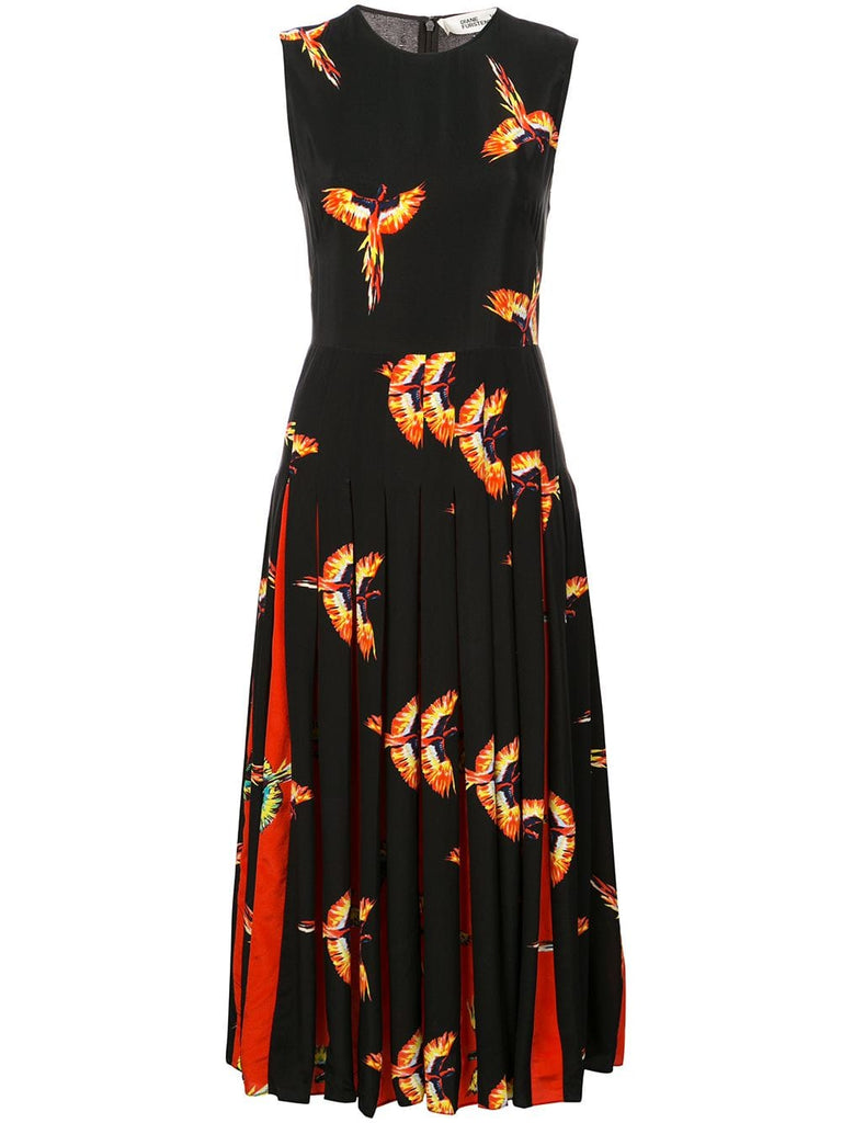 bird print pleated dress