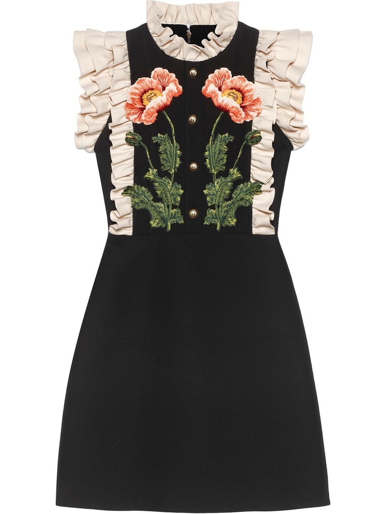 Floral embroidered wool silk dress