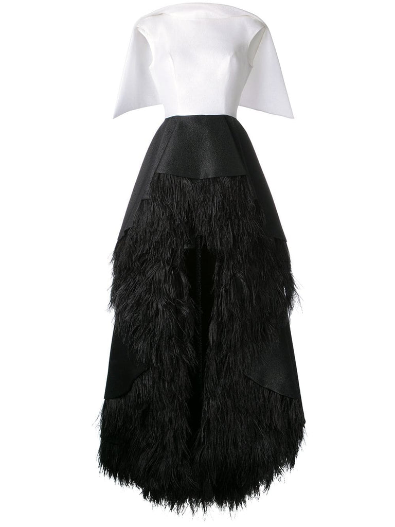 feather-trimmed high-low Lengua gown