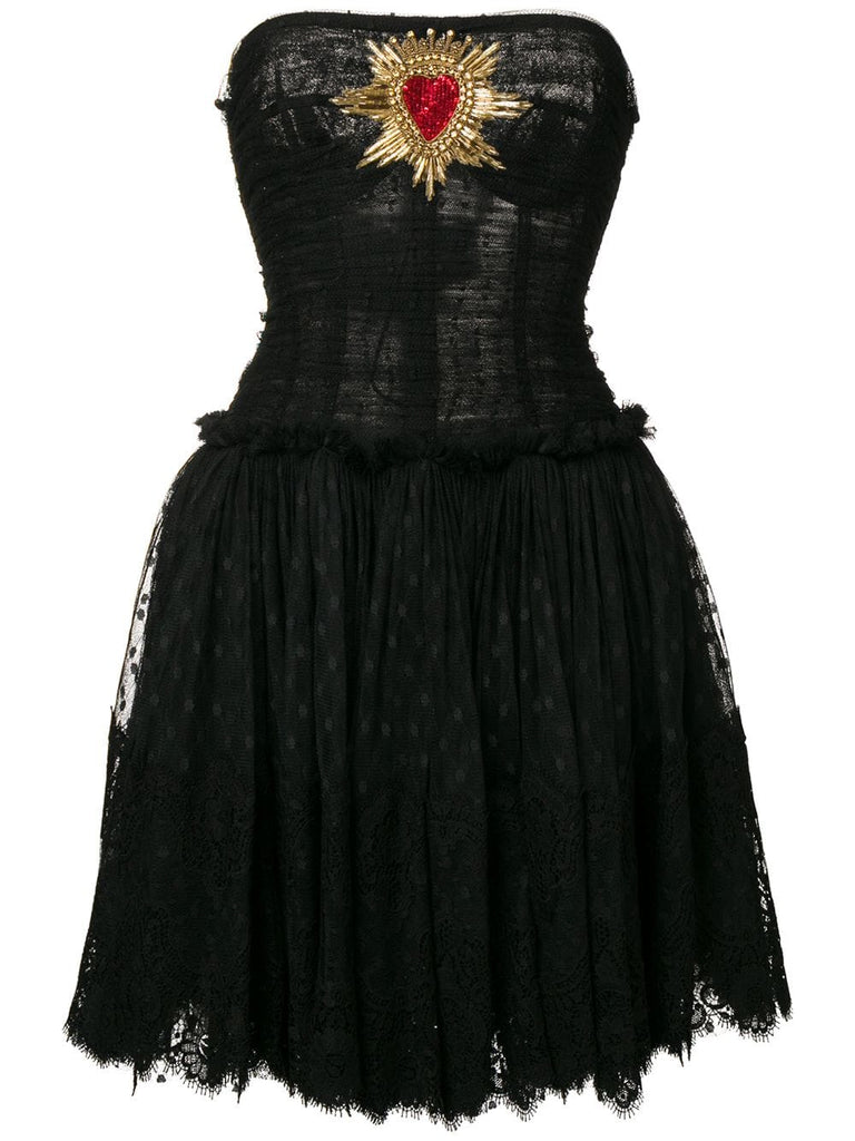 plumetis bustier dress with Sacred Heart patch