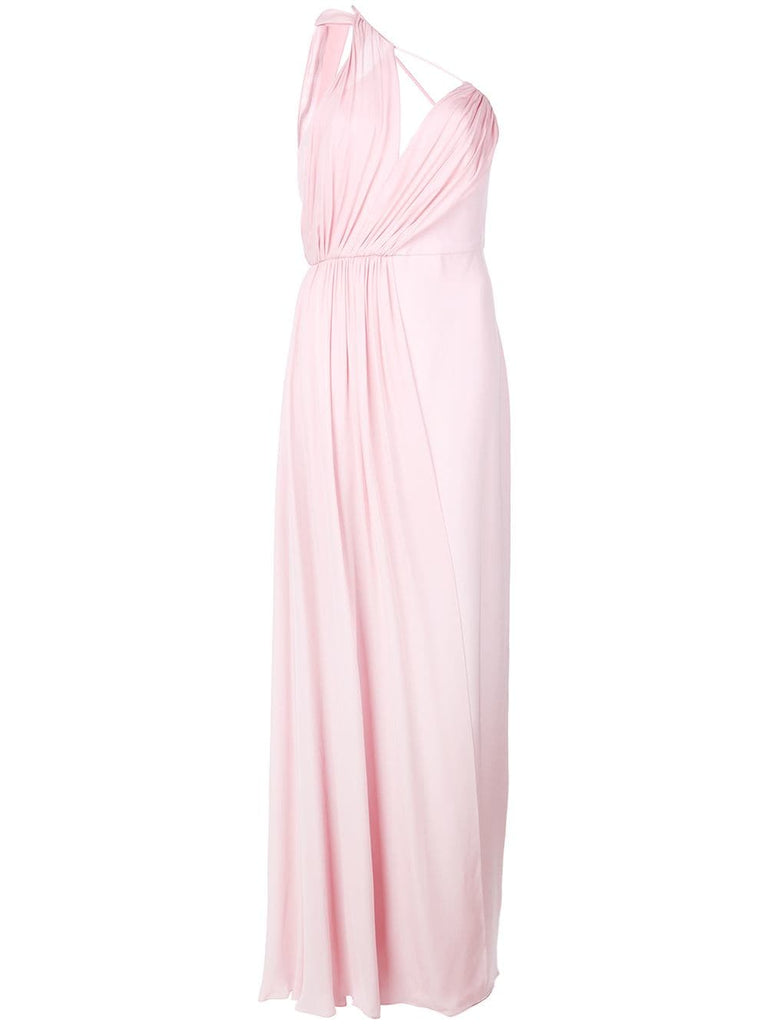 draped one-shoulder gown