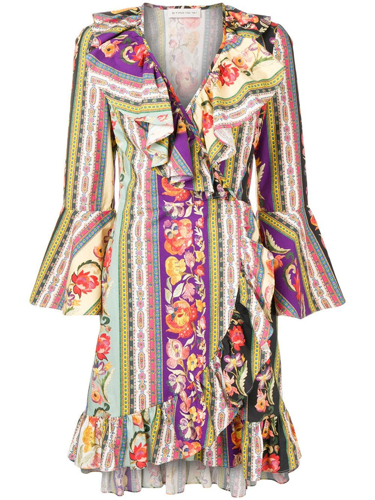 multi-print wrap dress