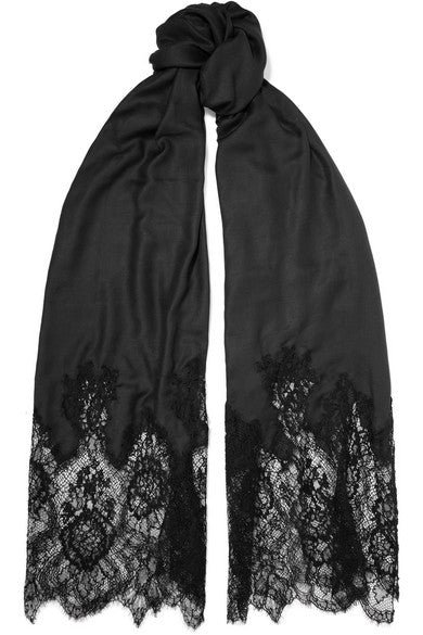 Lace-paneled modal and cashmere-blend scarf