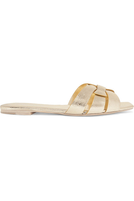 Nu Pieds woven metallic cracked-leather slides