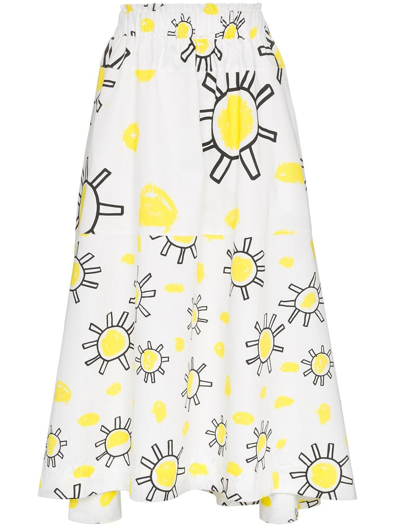 sun doodle print midi skirt