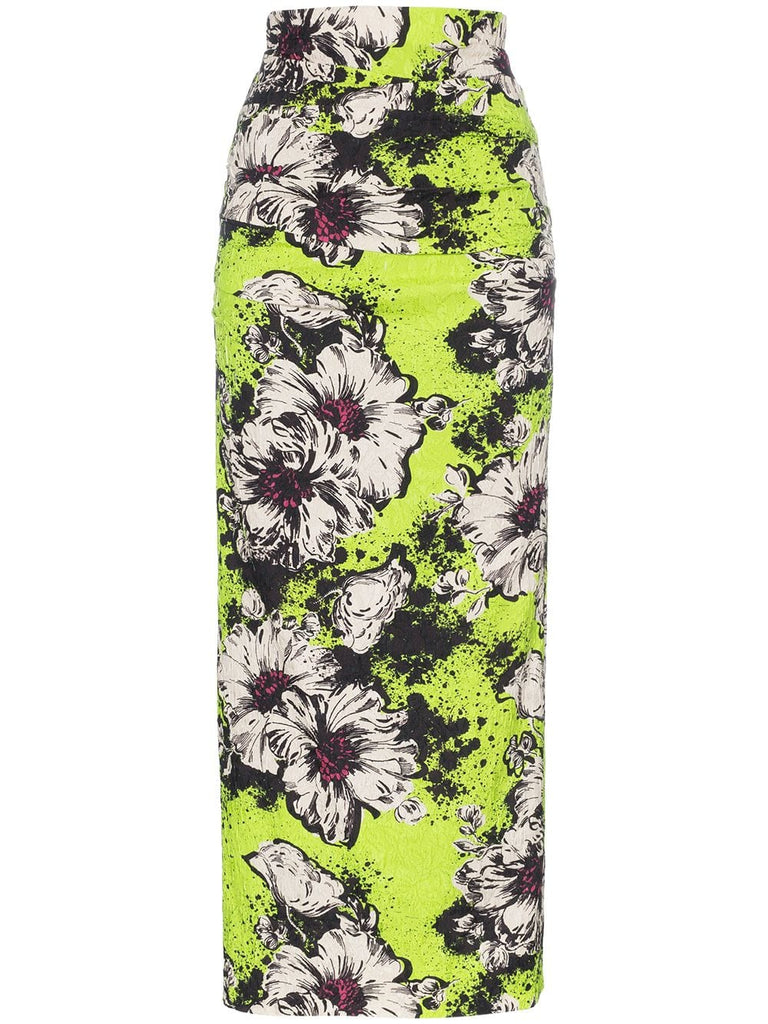 floral printed and textured silk-blend midi skirt