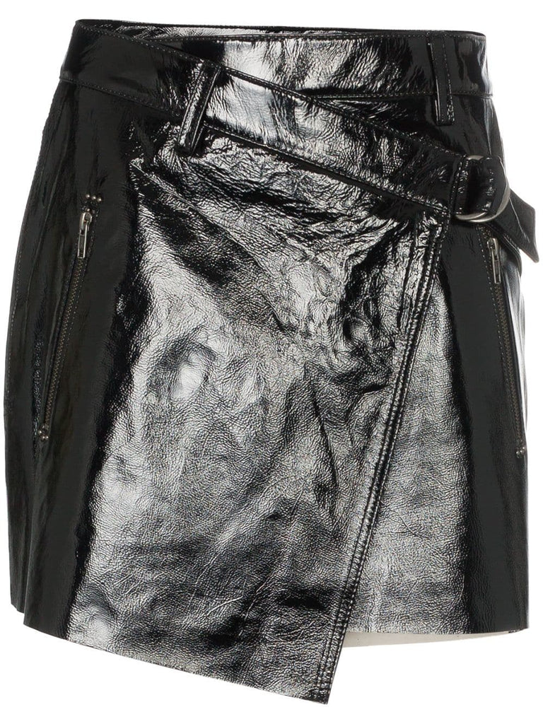 wrapover patent leather mini skirt