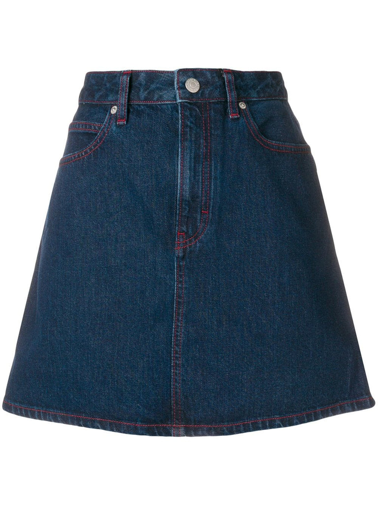 overstitched A-line denim skirt