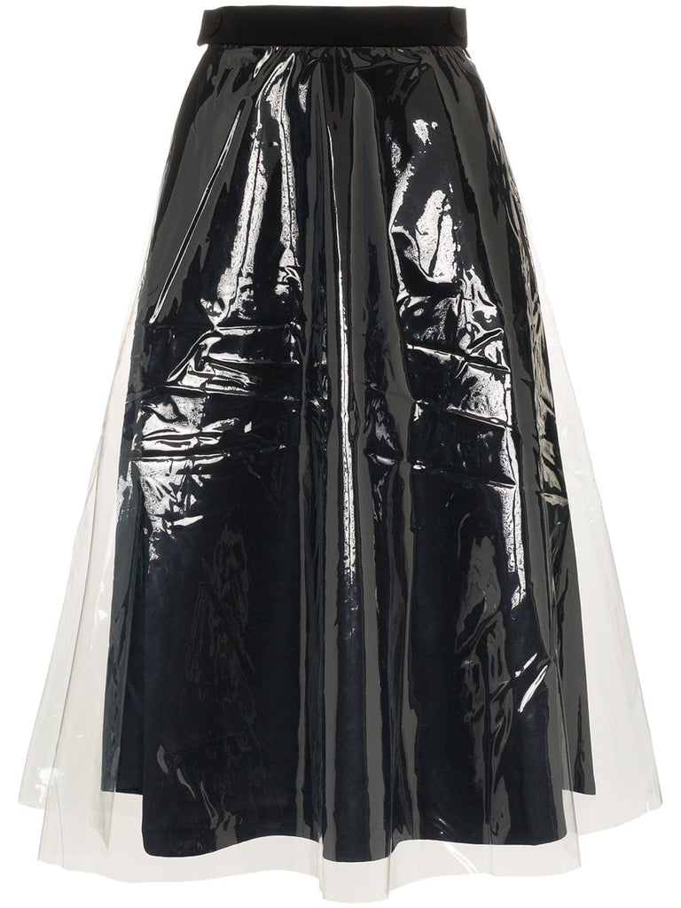 Vinyl-overlay high-waisted cotton-blend skirt