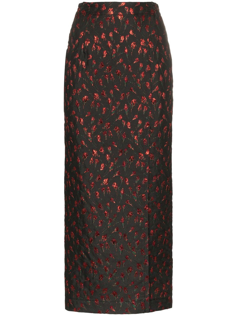 high waist rose jacquard midi skirt