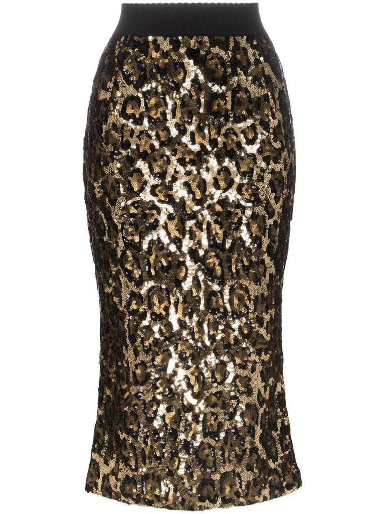 leopard print sequin embellished midi skirt