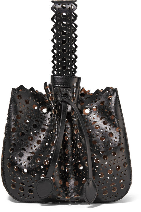 Laser-cut leather bucket bag